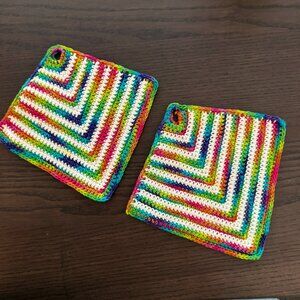 2 New Handmade Crochet Pot Holders Rainbow Colors